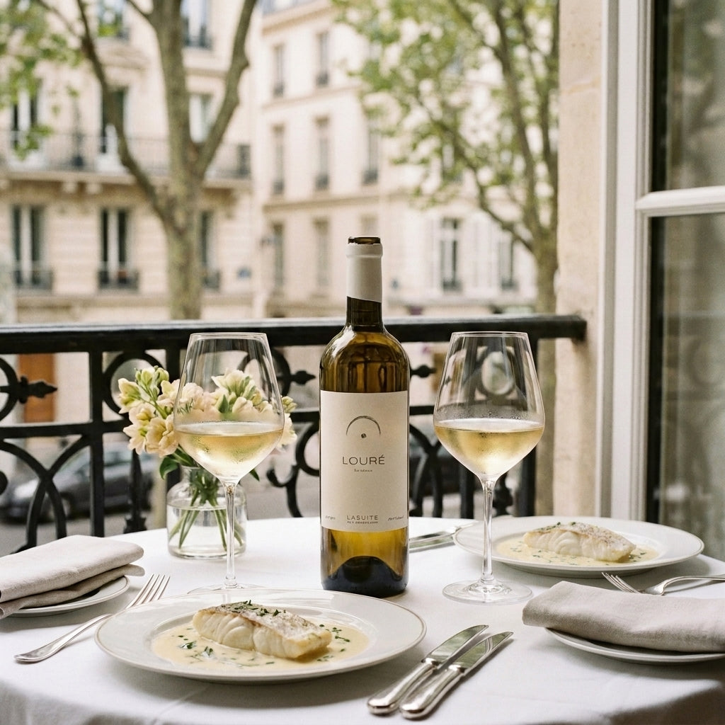 Loure Bordeaux weiss 2024 auf einer edlen Pariser Terrasse, Tisch fuer zwei mit Fischfilet in heller Sauce.