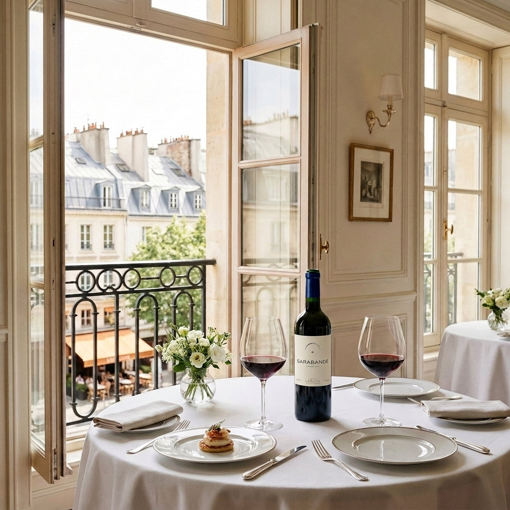 Flasche Sarabande Bordeaux 2015 mit korrektem Etikett in einem hellen Pariser Restaurant, Tisch fuer zwei.