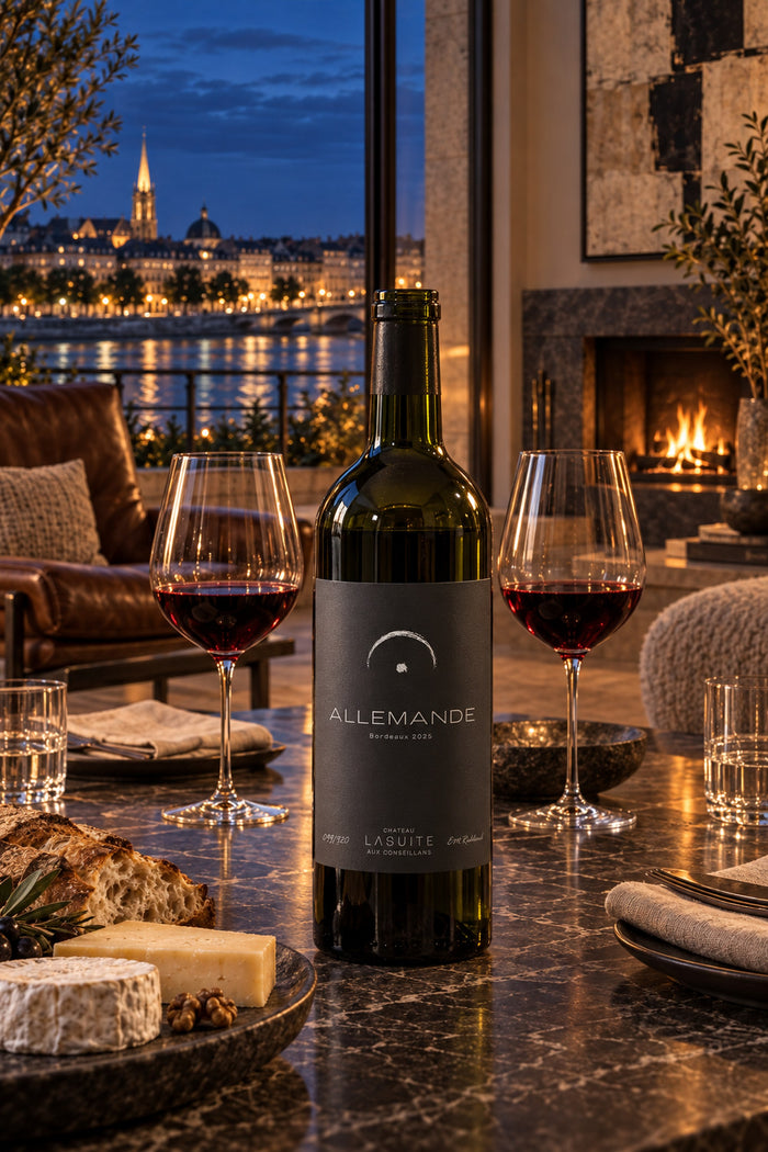 Allemande 2025, an opened bottle with two glasses of red wine in a salon, the fireplace and the lights of Bordeaux behind