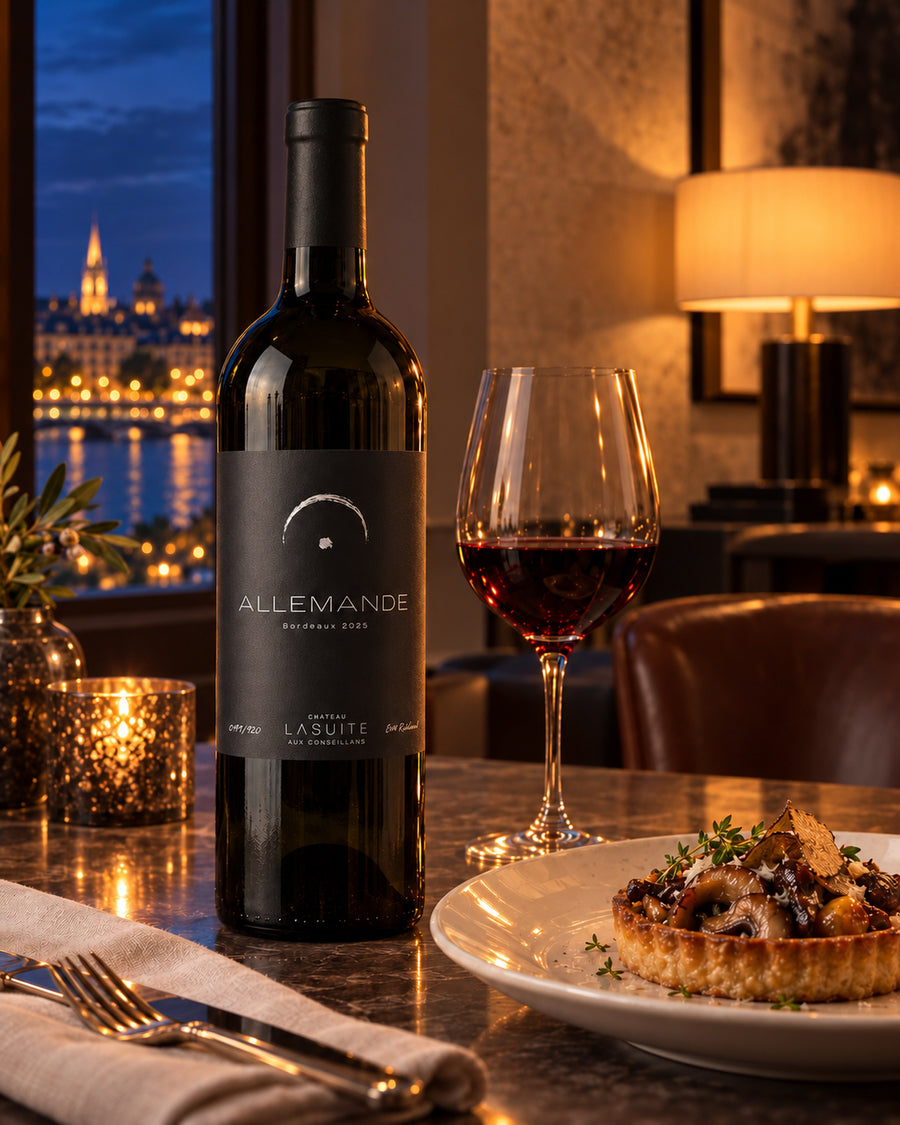 Allemande 2025, Bordeaux Rotwein – Flasche und Glas am Abend im Salon mit Blick auf die Garonne, mit Pilztarte