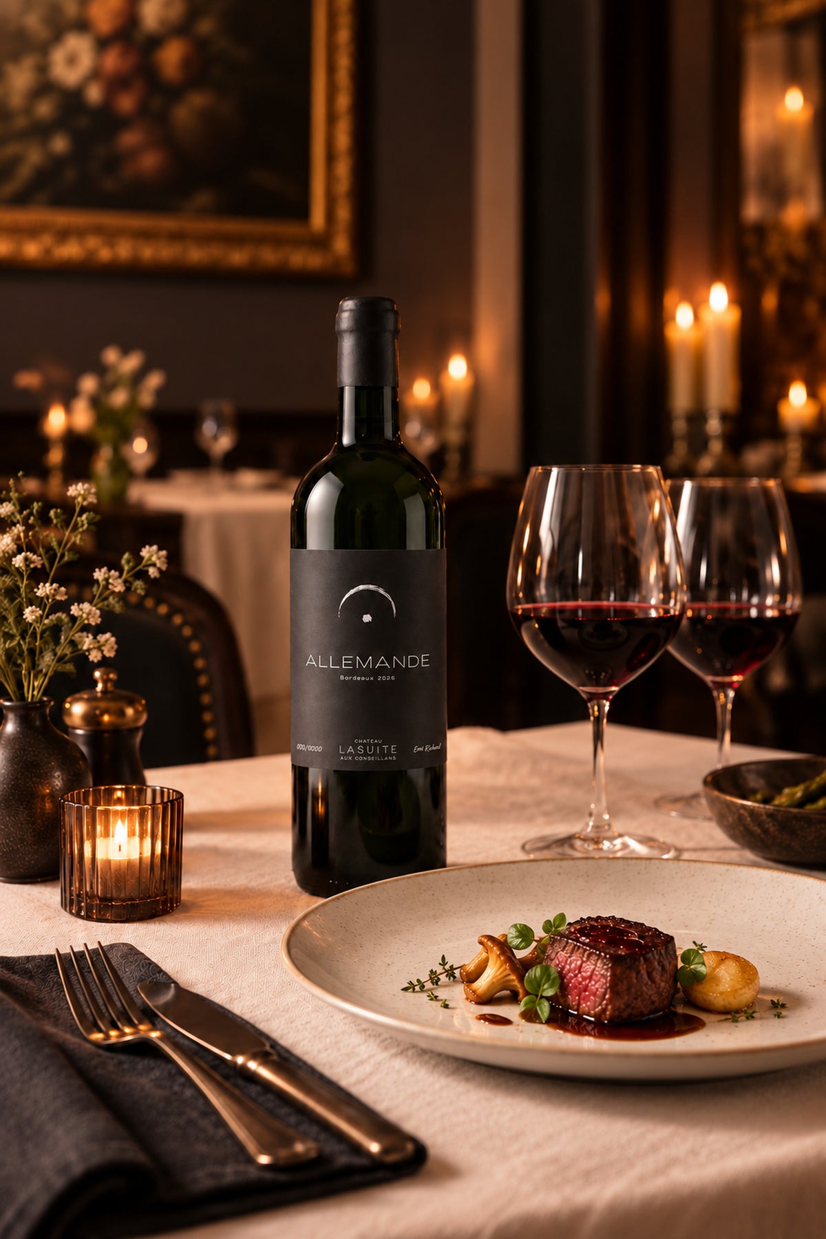 Allemande 2026, Bordeaux Rotwein – so wird dieser Jahrgang einmal serviert: gedeckter Tisch im Kerzenlicht, mit Rinderfilet