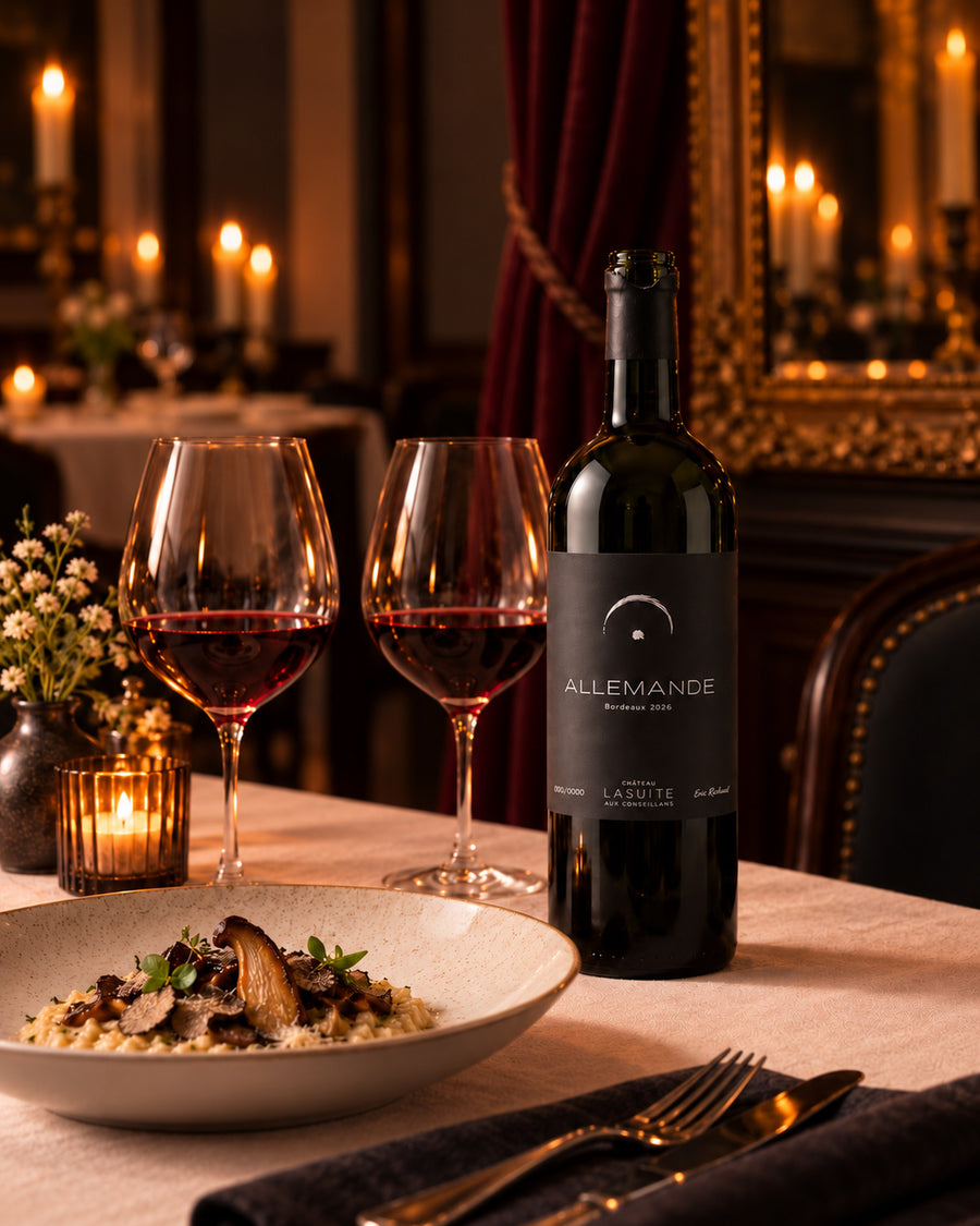 Allemande 2026, Bordeaux Rotwein – so wird dieser Jahrgang einmal serviert: Kerzenlicht im Salon, mit Pilzrisotto