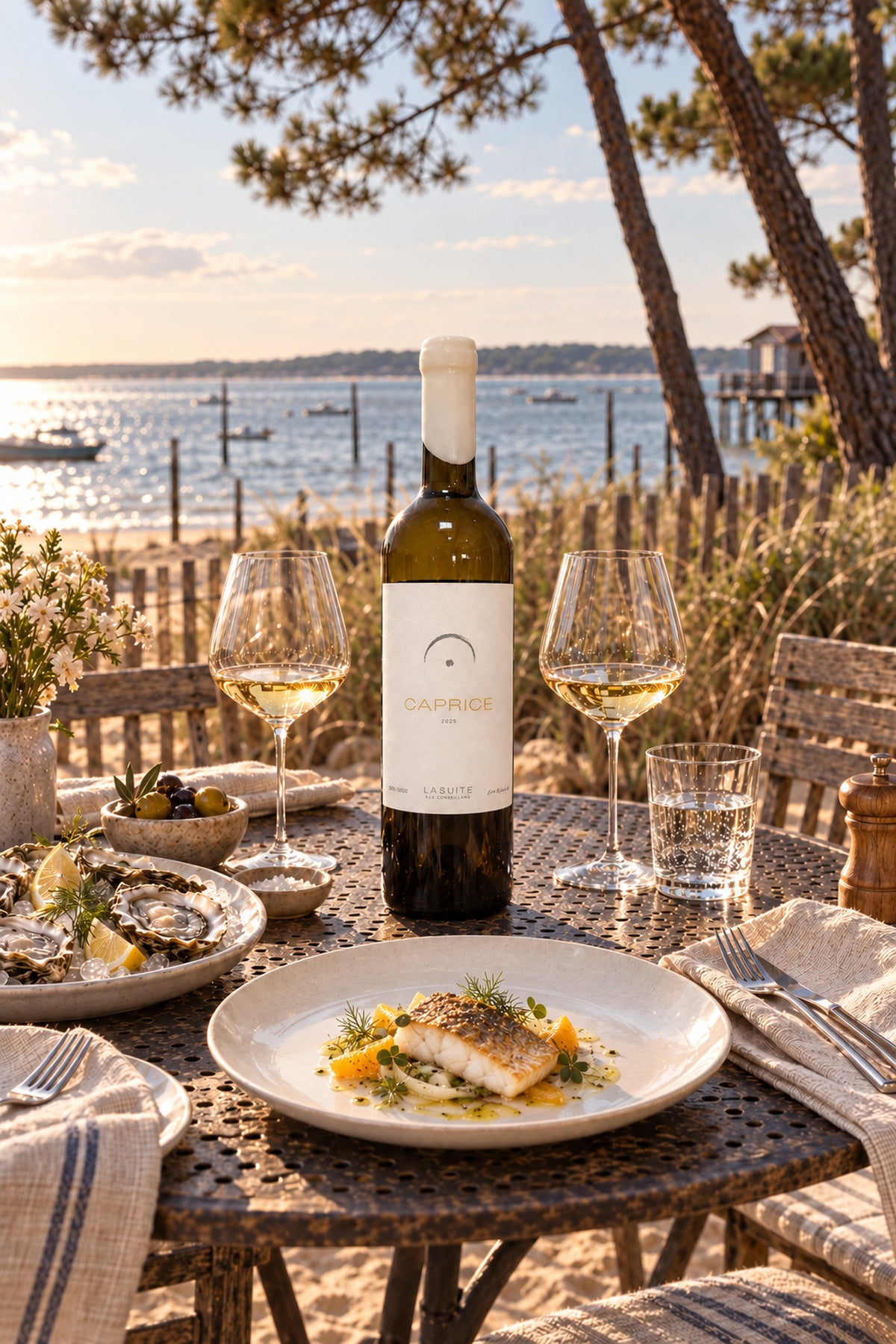 Caprice 2025, Weißwein (Vin de France) – Flasche auf dem Tisch am Bassin d'Arcachon, mit Fisch und Austern