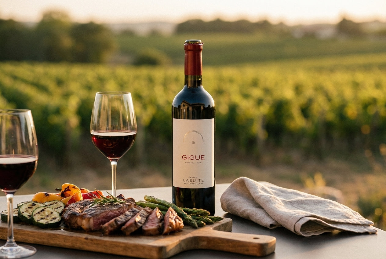 Flasche Gigue Bordeaux 2016 auf einer Grill-Terrasse im Abendlicht, weiter gerahmte Szene.