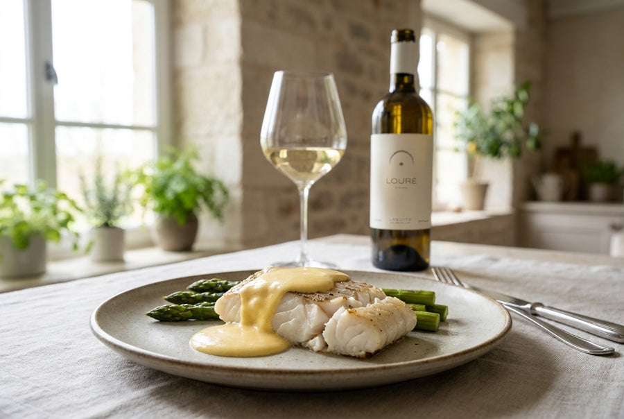 Flétan rôti, sauce hollandaise & grüner Spargel