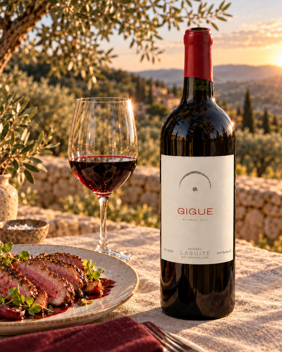 Gigue 2015, Bordeaux Rotwein – Flasche und Glas im Abendlicht über dem Olivenhain, mit rosa gebratener Entenbrust