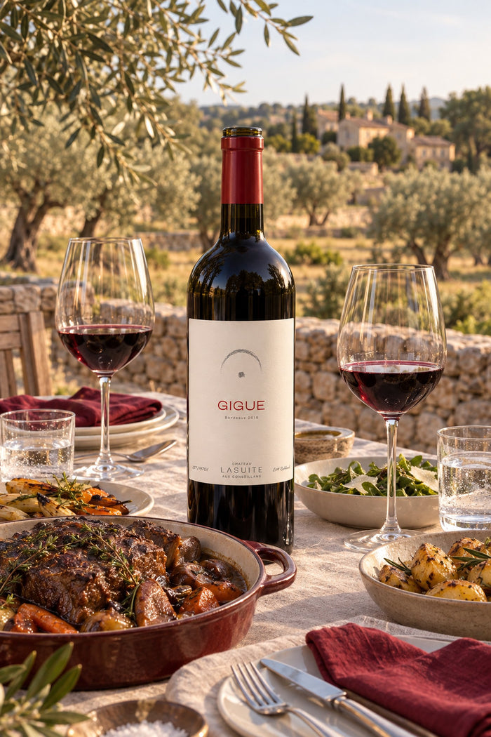 Gigue 2016, Bordeaux red wine – bottle on a laid table under olive trees, with a braised dish
