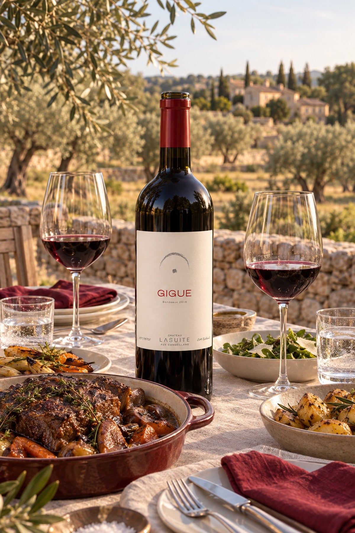 Gigue 2016, Bordeaux red wine – bottle on a laid table under olive trees, with a braised dish
