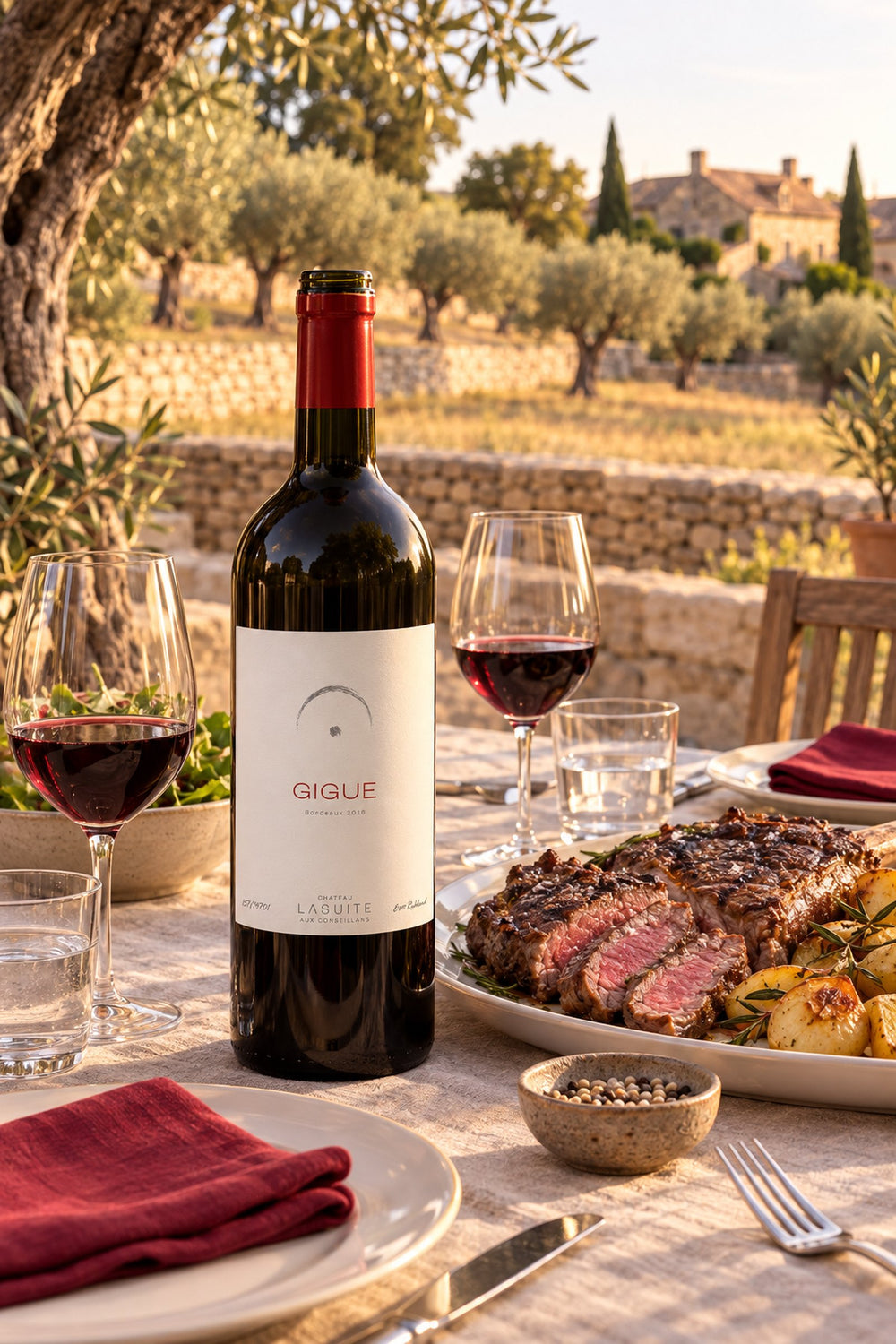 Gigue 2016, Bordeaux red wine – bottle and glasses with grilled steak on a terrace under olive trees