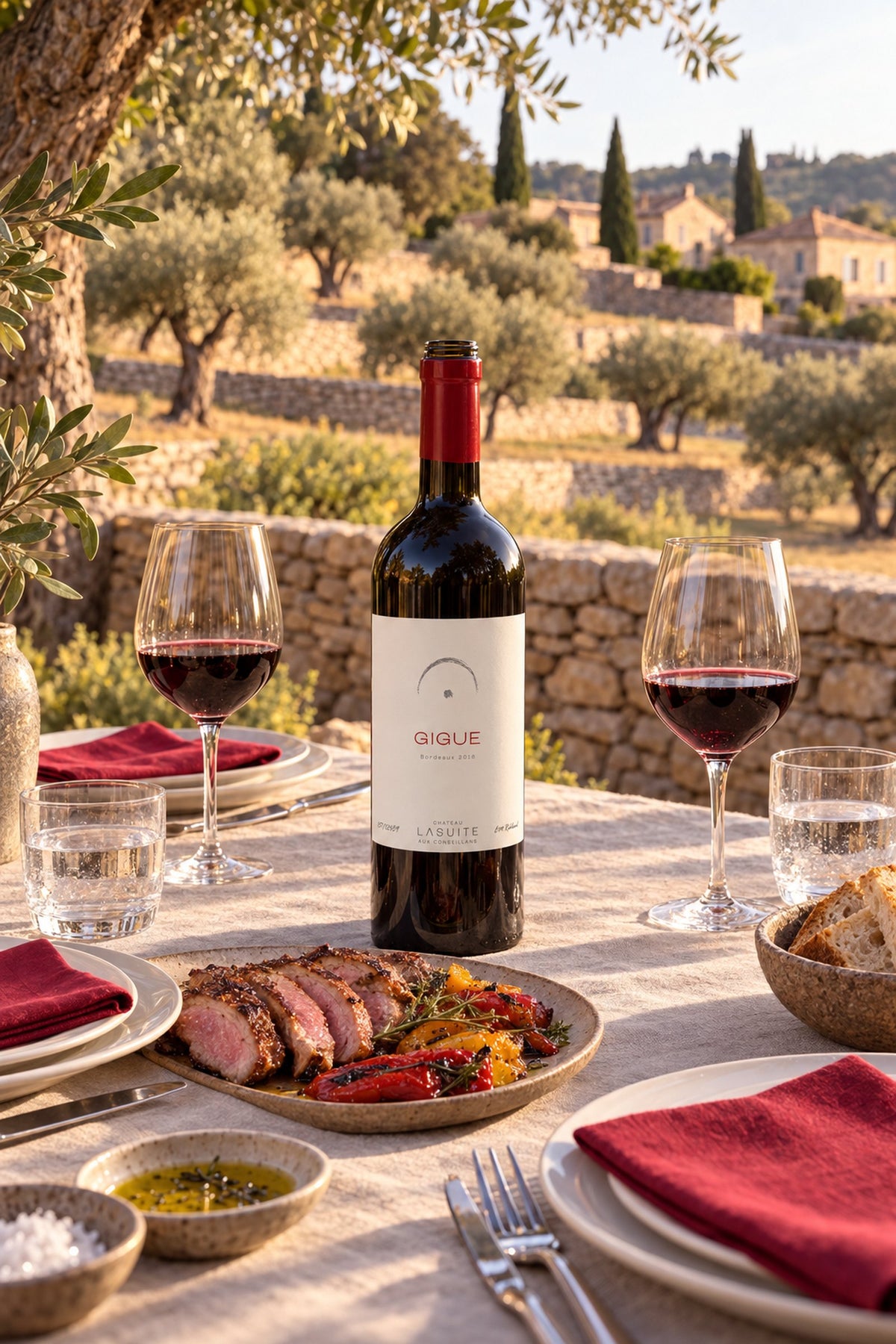 Gigue 2018, Bordeaux Rotwein – Flasche zu gegrilltem Fleisch mit Paprika unter Olivenbäumen