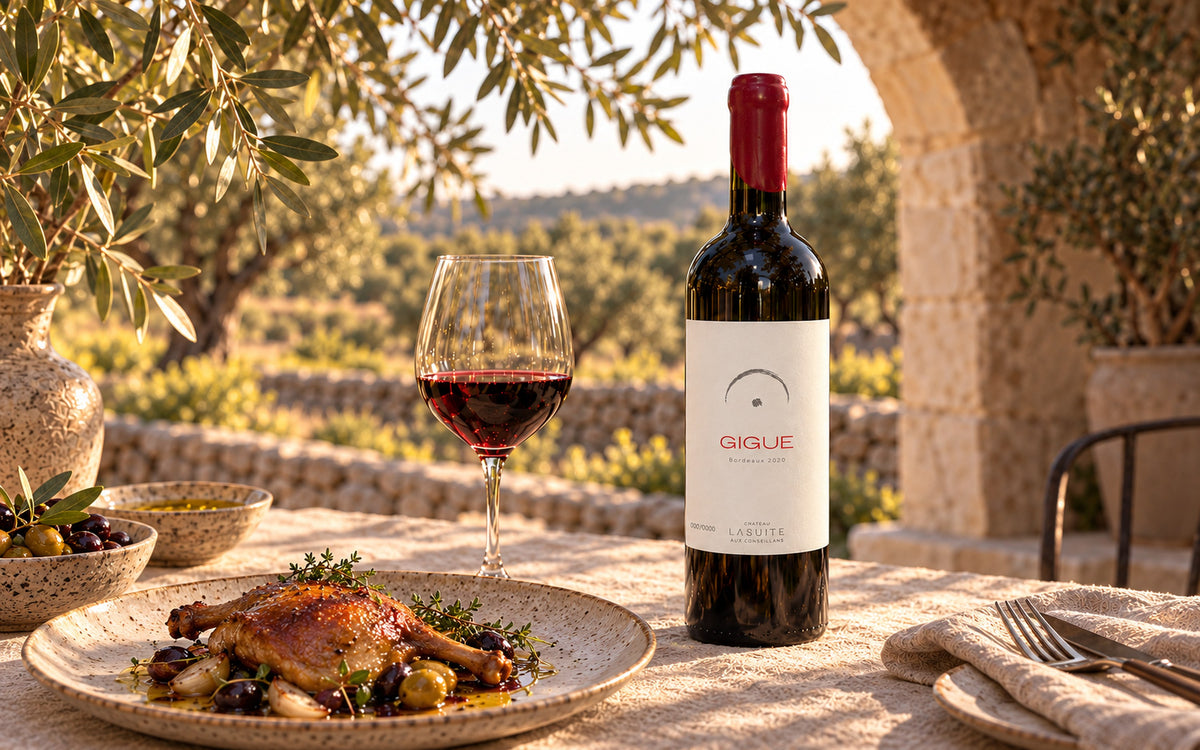 Gigue 2020, Bordeaux Rotwein – Flasche und Glas auf dem Steintisch unter Olivenbäumen, mit Entenkeule und Oliven