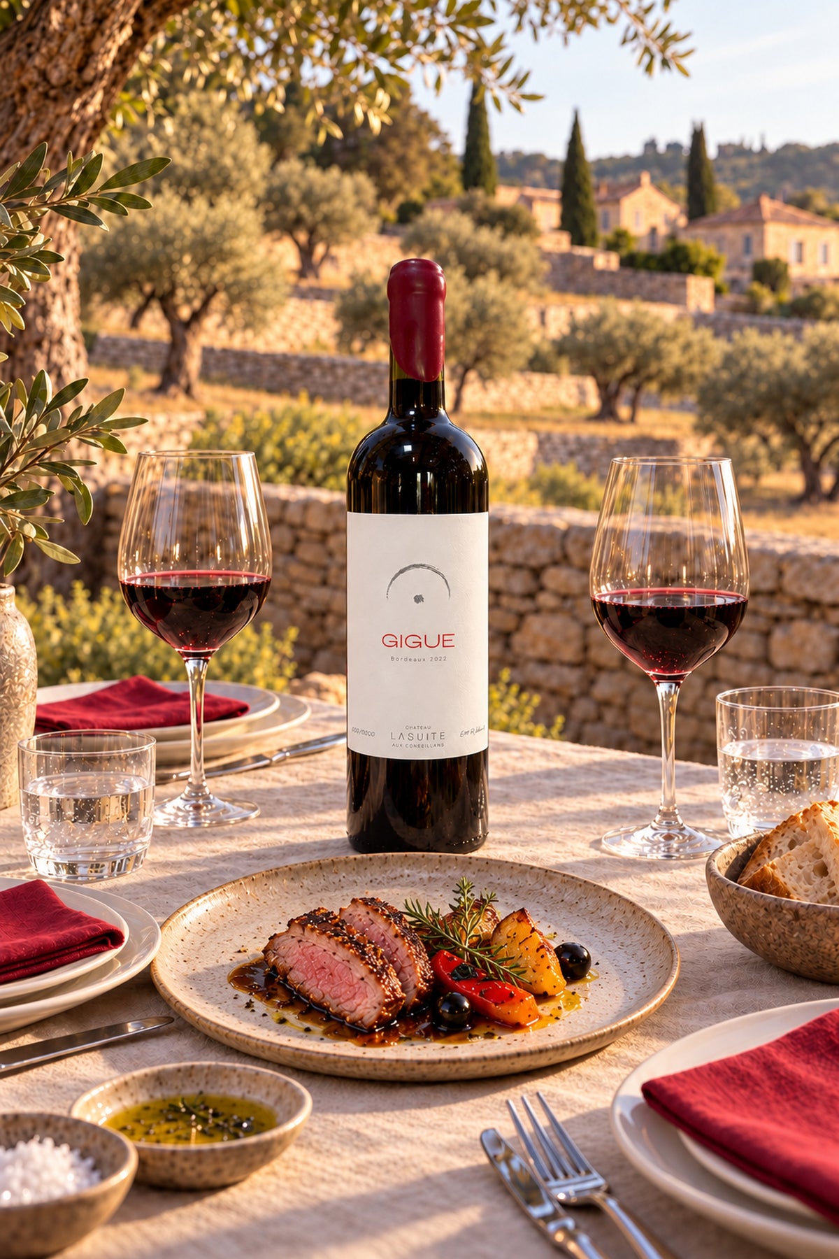 Gigue 2022, Bordeaux Rotwein – Flasche auf dem gedeckten Tisch unter Olivenbäumen, mit rosa gebratenem Fleisch und Paprika