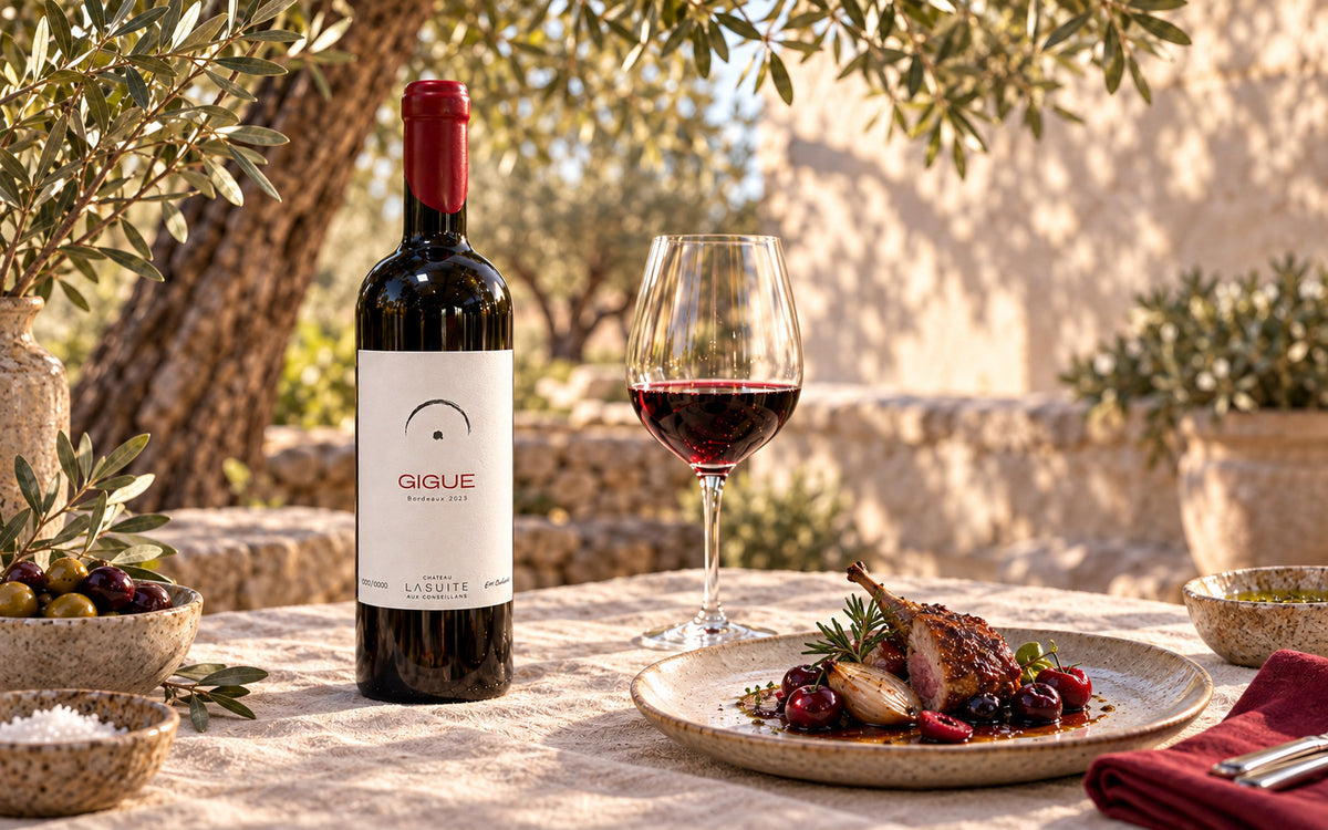 Gigue 2023, Bordeaux Rotwein – Flasche und Glas auf dem Tisch unter Olivenbäumen, mit Geflügel und Kirschen