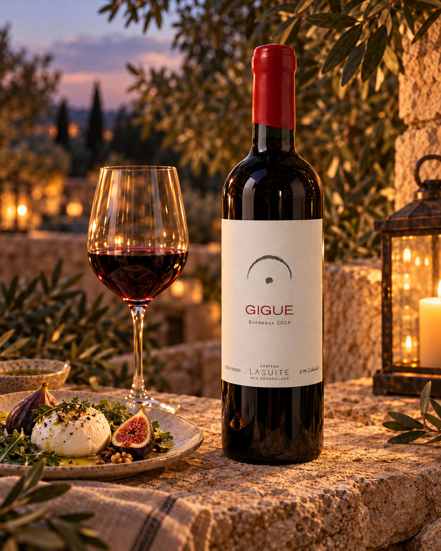 Gigue 2024, Bordeaux Rotwein – so wird dieser Jahrgang einmal serviert: Laternenlicht auf der Steinmauer, mit Burrata und Feigen