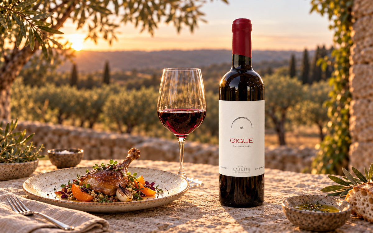 Gigue 2025, Bordeaux Rotwein – so wird dieser Jahrgang einmal serviert: Tisch im Abendlicht über dem Olivenhain, mit Geflügelkeule