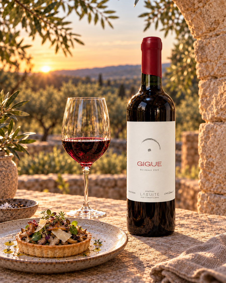 Gigue 2025, Bordeaux Rotwein – so wird dieser Jahrgang einmal serviert: unter dem Steinbogen bei Sonnenuntergang, mit Pilztarte