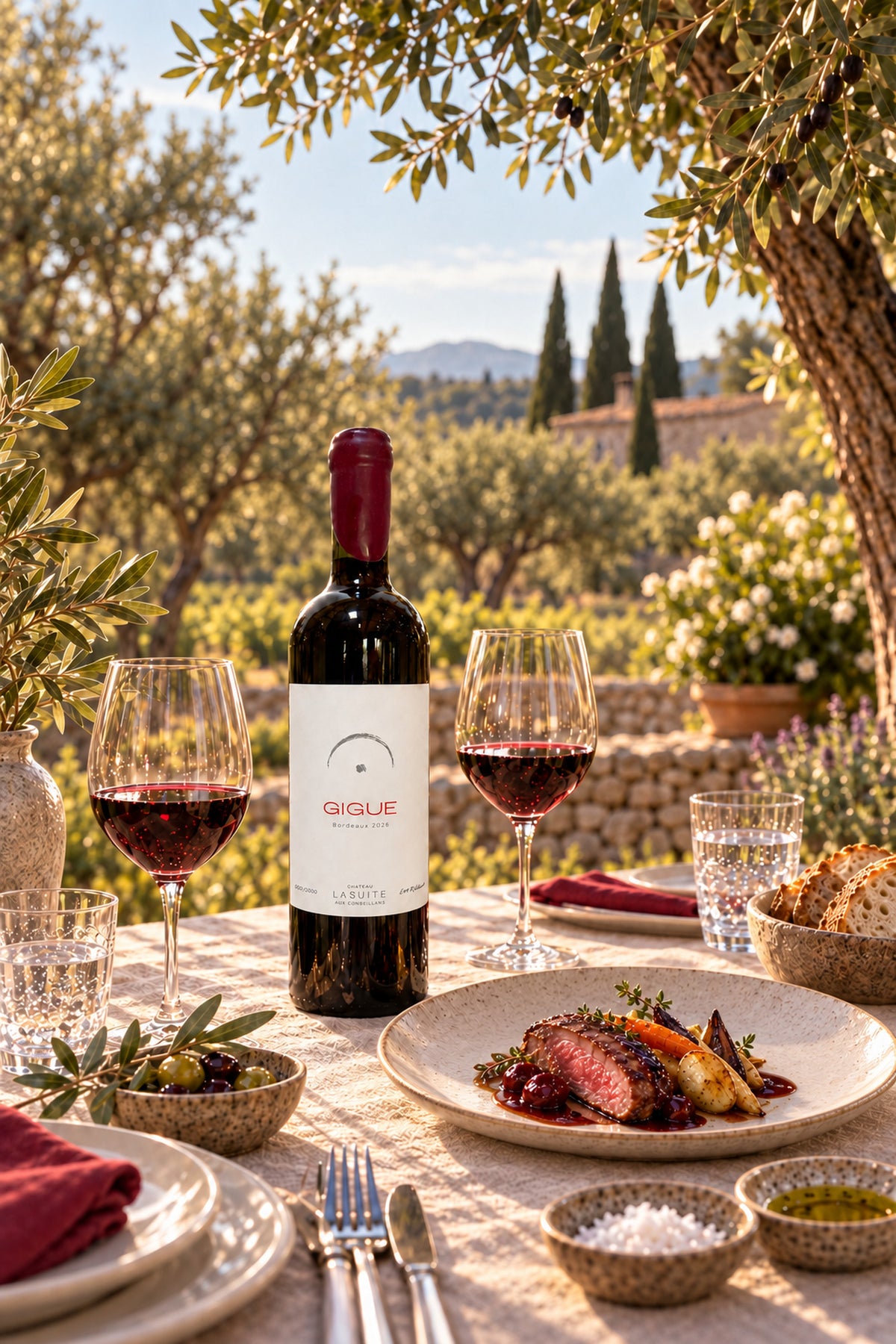 Gigue 2026, Bordeaux Rotwein – so wird dieser Jahrgang einmal serviert: Tisch im Olivenhain, mit Rinderfilet