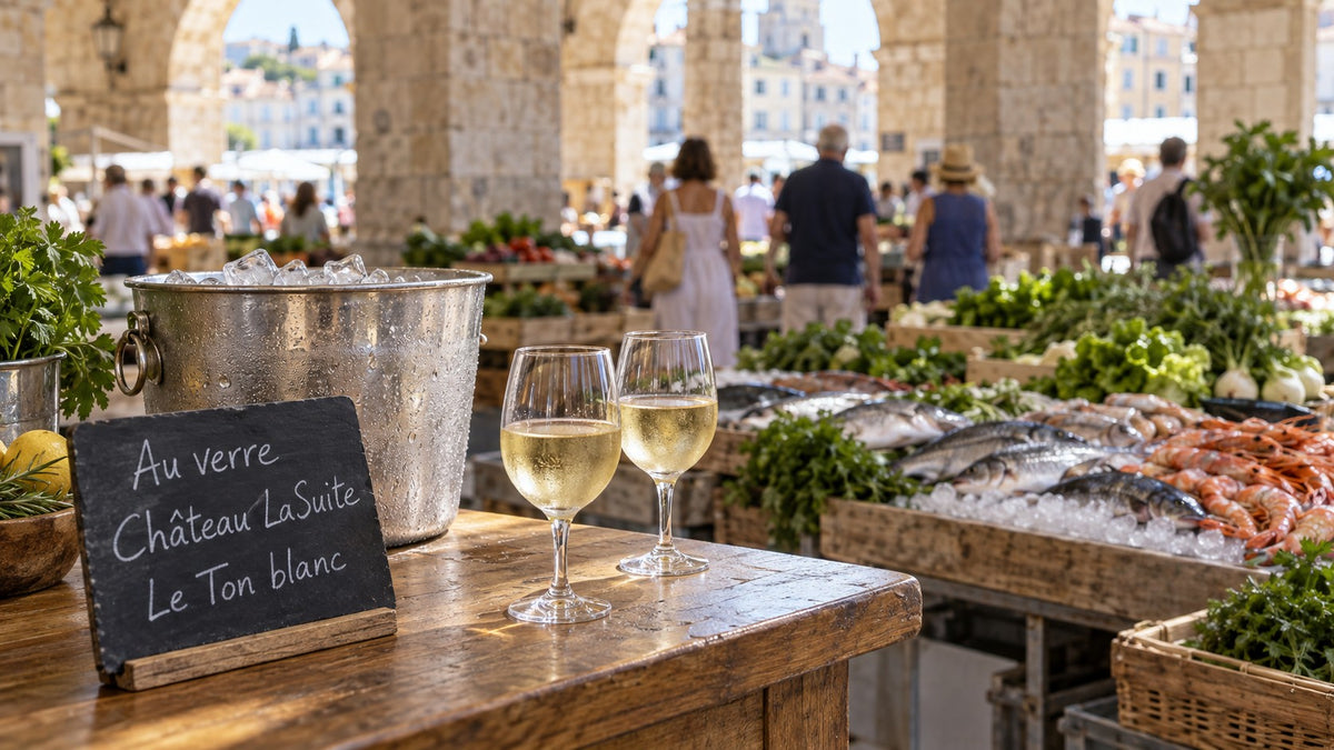 Kreidetafel an der Marktbar: Au verre, Château LaSuite, Le Ton blanc