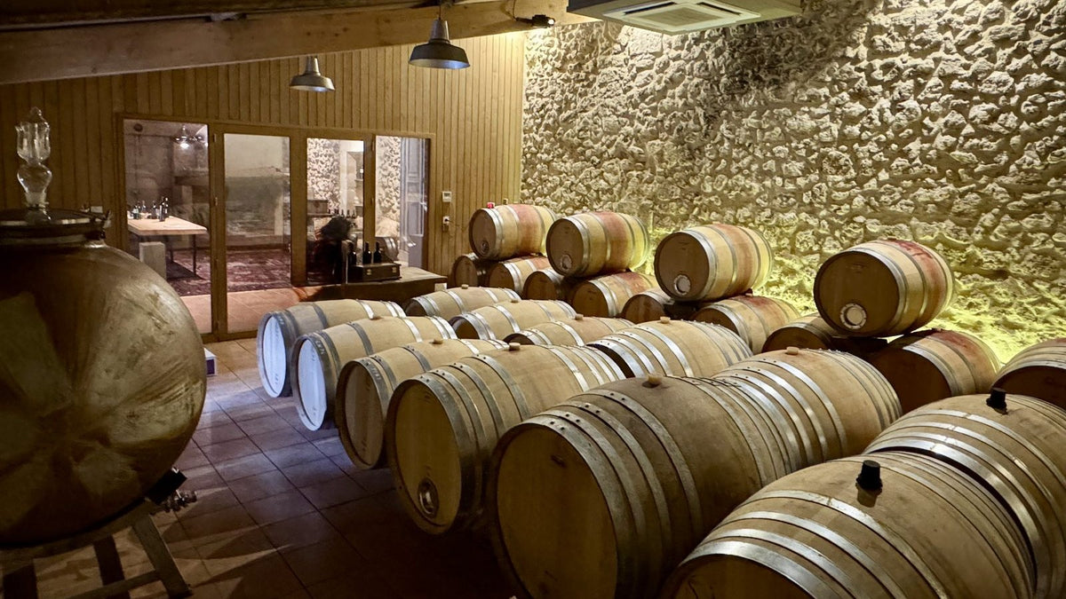 Barriques im Keller der Domaine mit Rotweinspuren an den Fässern