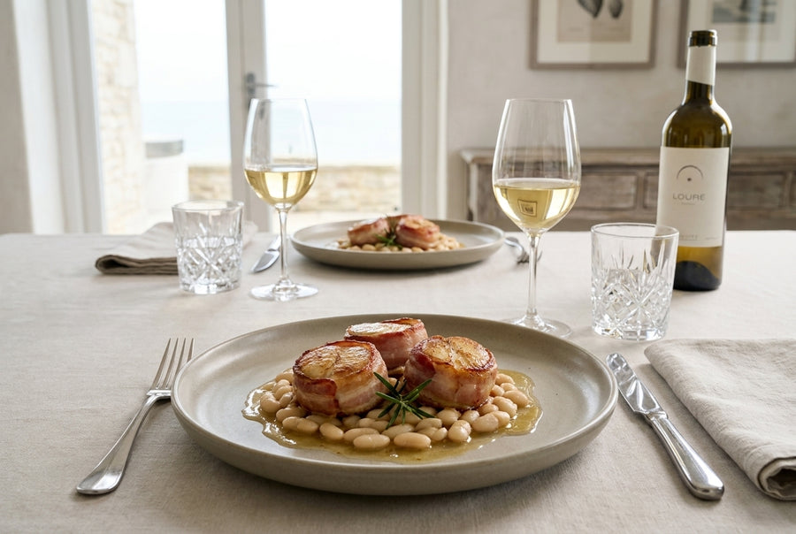 Lotte rôtie au lard – monkfish in a bacon coat, rosemary & white beans