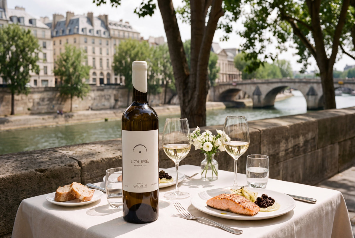 Louré 2024, Bordeaux Weißwein – Flasche am Ufer der Seine, mit Lachs
