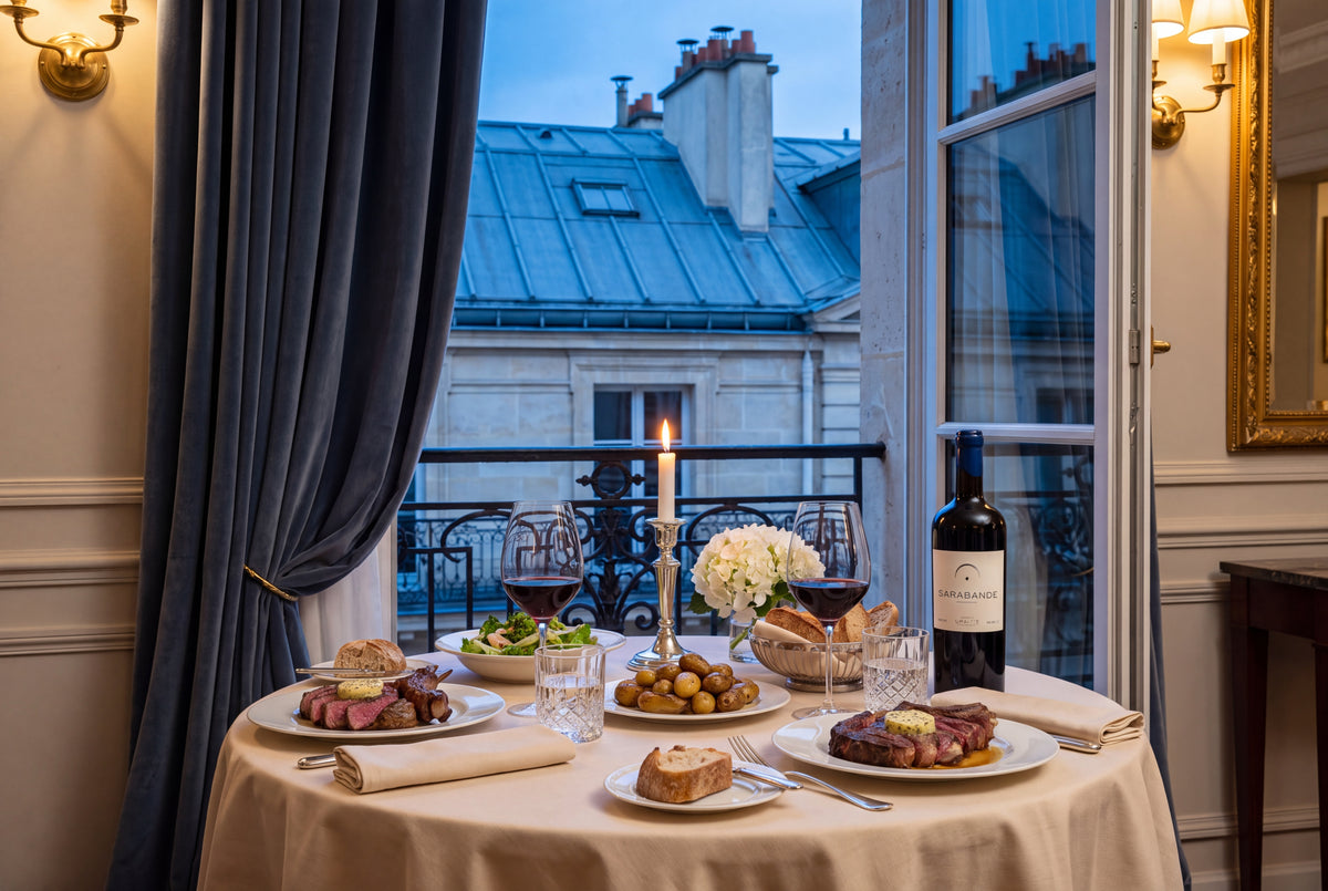 Sarabande 2015, Bordeaux Rotwein – gedeckter Tisch im Pariser Restaurant mit Balkon, die Flasche im Hintergrund