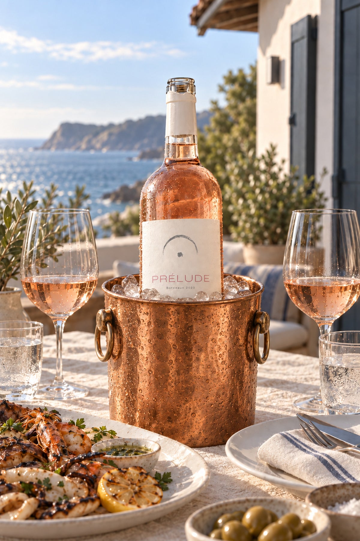 Prélude 2023, Bordeaux Rosé – Flasche im Kupferkühler am Meer, mit Garnelen