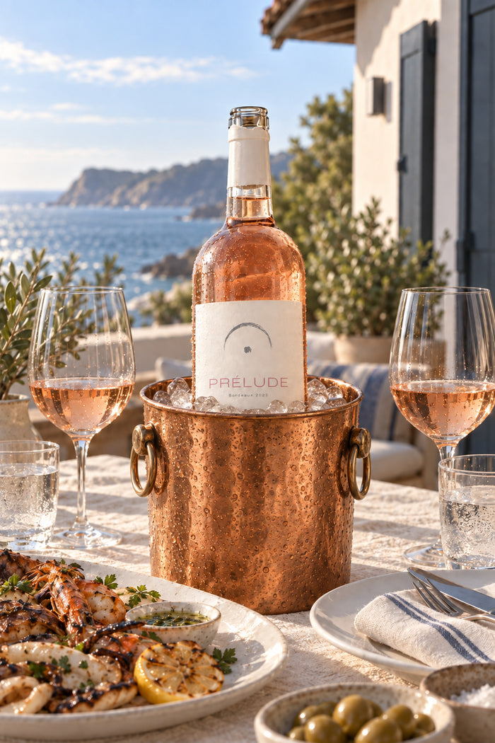 Prélude 2023, Bordeaux rosé – bottle in a copper wine cooler by the sea, with prawns