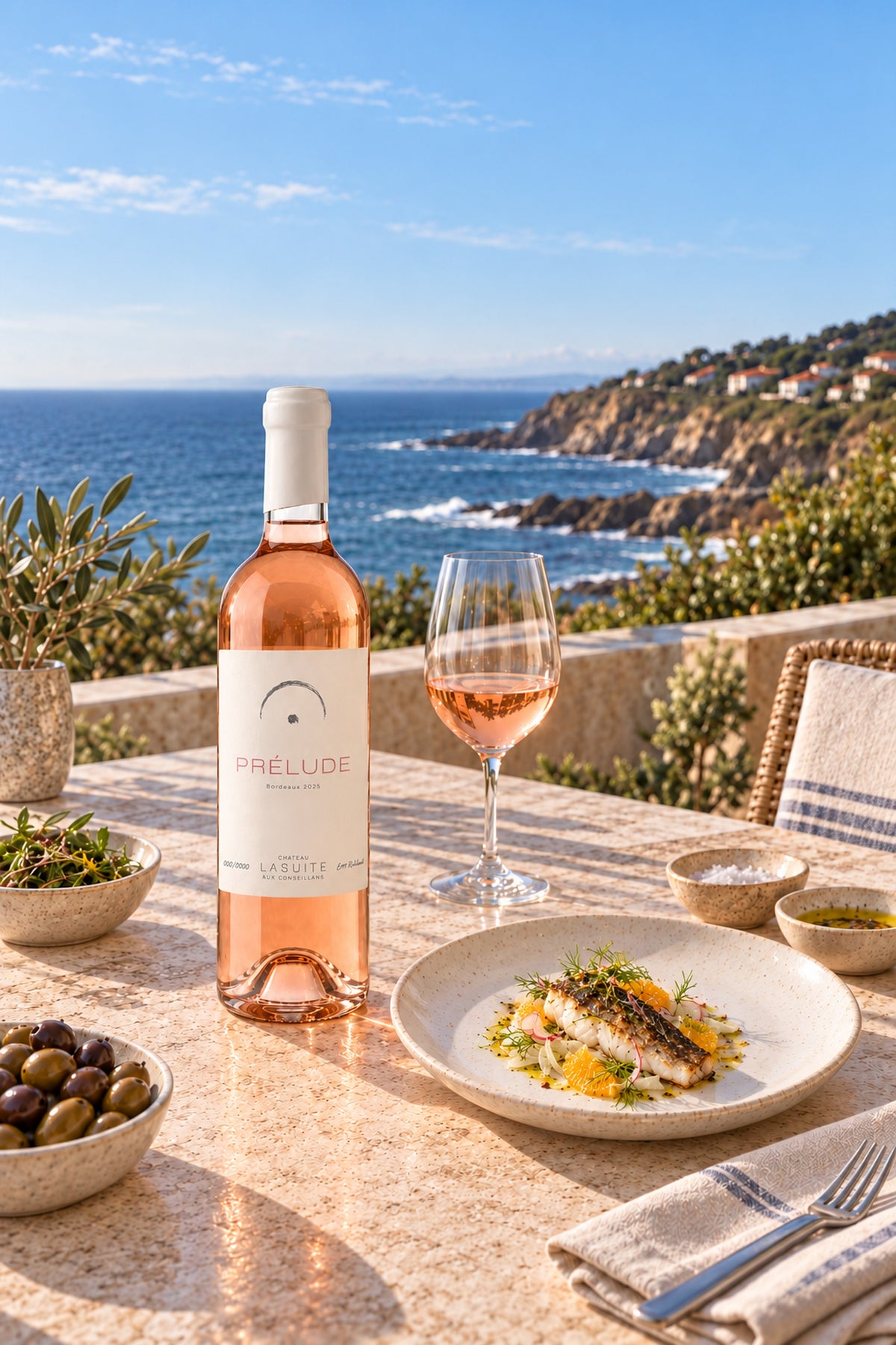 Prélude 2025, Bordeaux Rosé – Flasche auf der Terrasse über der Baskenküste, mit Fisch