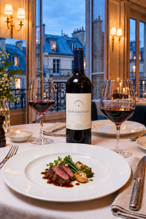 Sarabande 2015, Bordeaux Rotwein – Flasche und Gläser zu rosa gebratenem Rinderfilet, am offenen Fenster über den Pariser Dächern