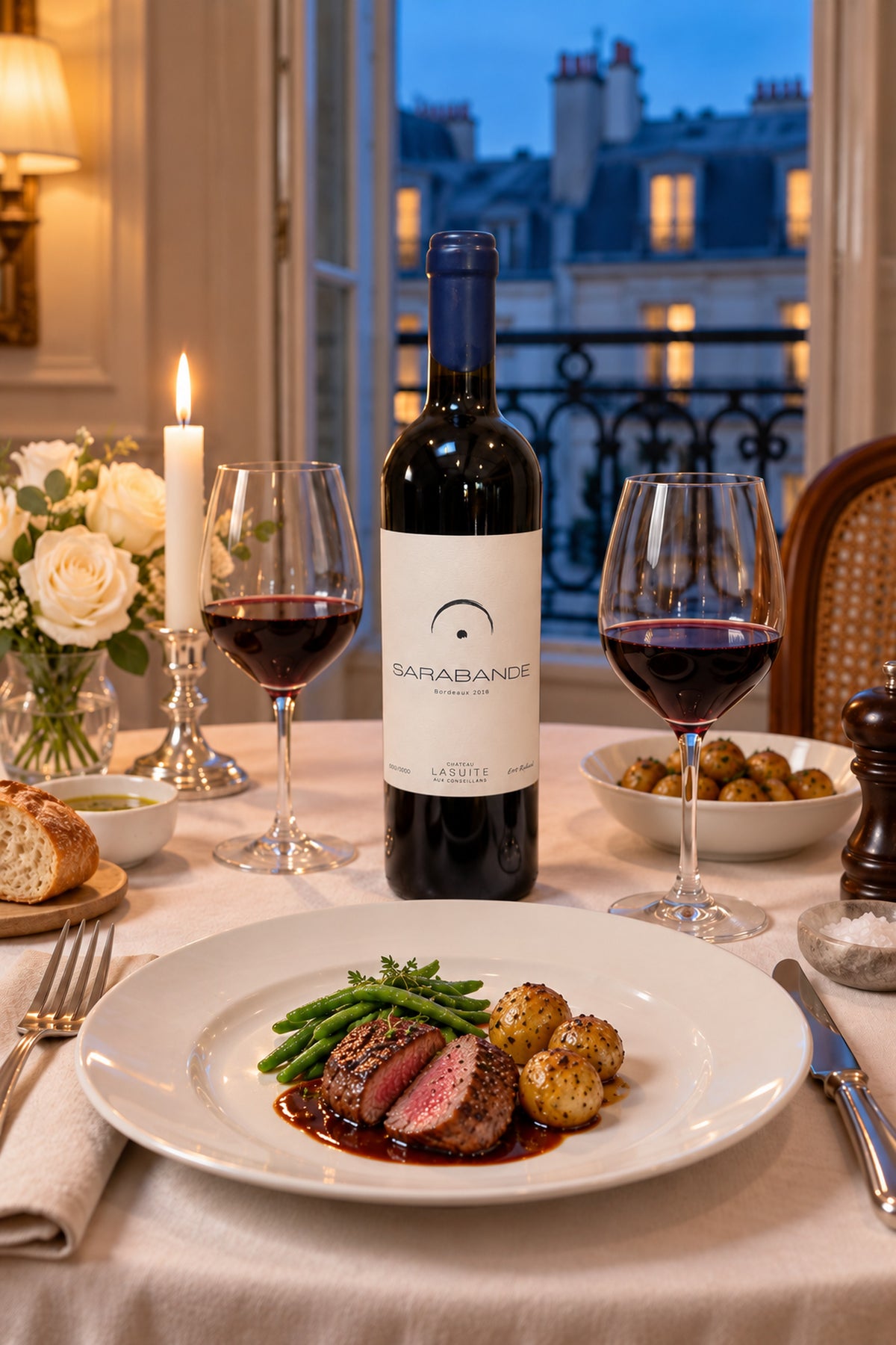 Sarabande 2018, Bordeaux Rotwein – Flasche auf dem gedeckten Tisch am offenen Fenster über den Pariser Dächern, mit Rinderfilet und grünen Bohnen