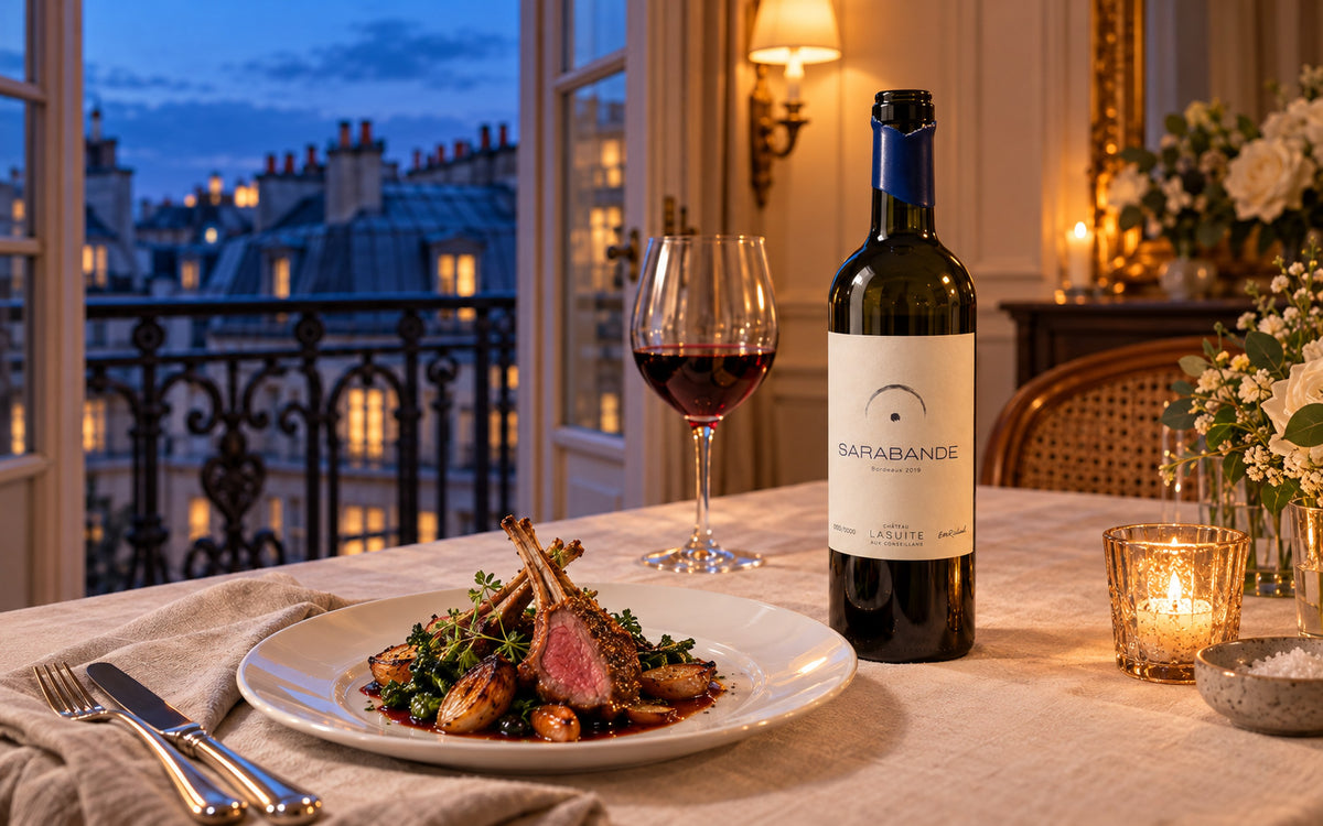 Sarabande 2019, Bordeaux Rotwein – Flasche und Glas am Balkonfenster in Paris, mit Lammkoteletts
