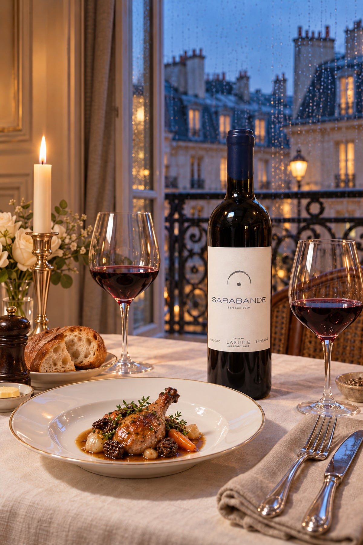 Sarabande 2020, Bordeaux Rotwein – Flasche auf dem gedeckten Tisch am offenen Fenster über den Pariser Dächern, mit geschmortem Geflügel