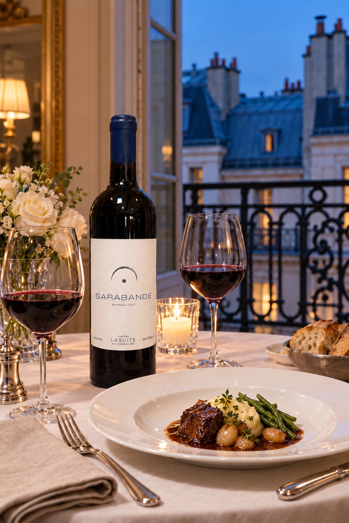 Sarabande 2021, Bordeaux Rotwein – Flasche auf dem gedeckten Tisch am offenen Fenster über den Pariser Dächern, mit geschmortem Rind und Perlzwiebeln