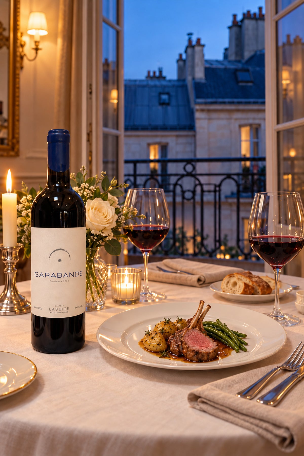Sarabande 2022, Bordeaux Rotwein – Flasche auf dem gedeckten Tisch am offenen Fenster über den Pariser Dächern, mit Lammkarree