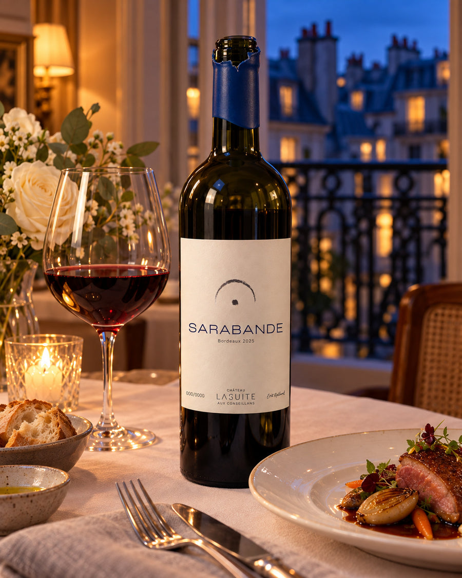 Sarabande 2025, Bordeaux Rotwein – so wird dieser Jahrgang einmal serviert: Kerzenlicht am Balkon über Paris, mit Entenbrust