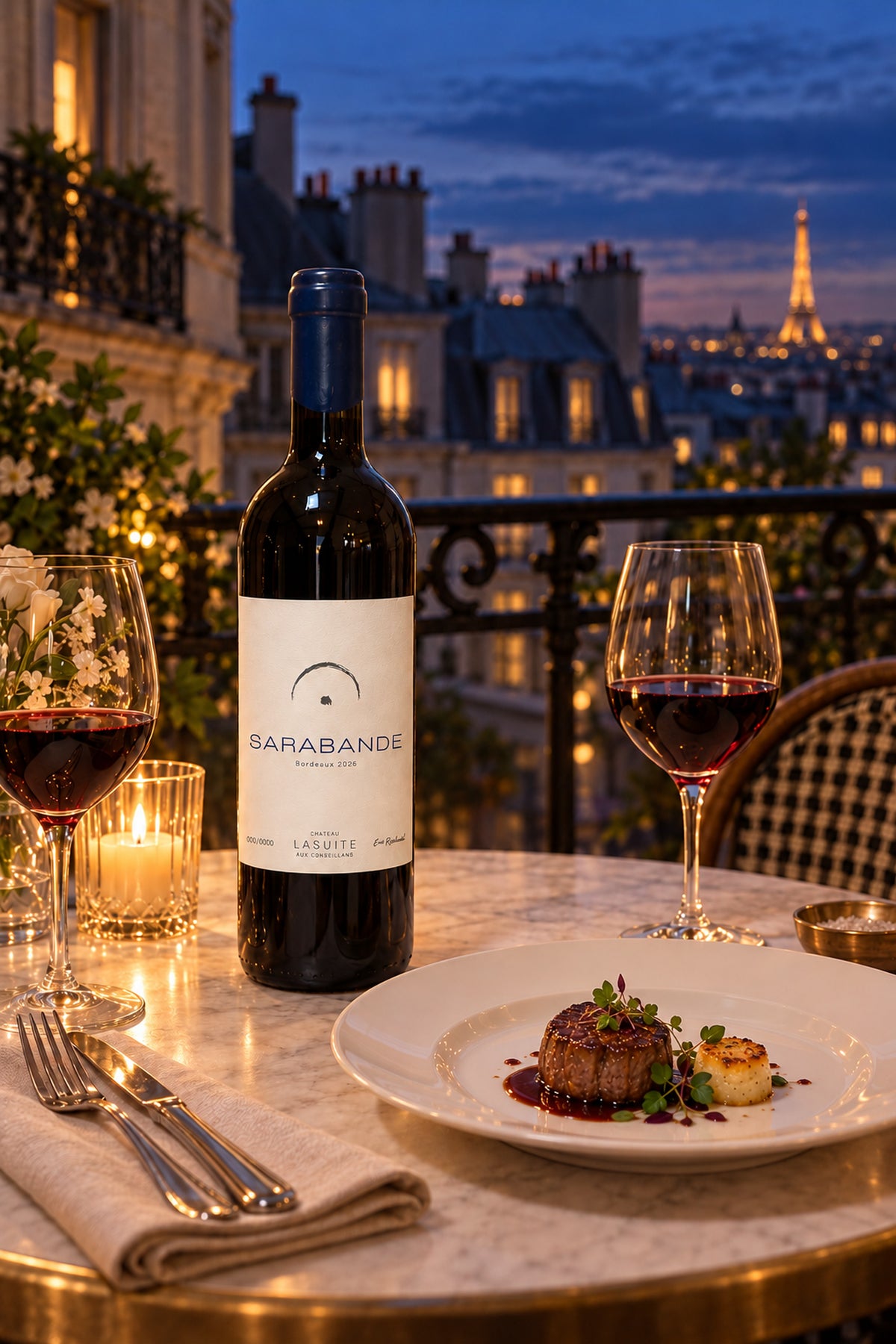 Sarabande 2026, Bordeaux Rotwein – so wird dieser Jahrgang einmal serviert: gedeckter Tisch am Abend über Paris, mit Rinderfilet