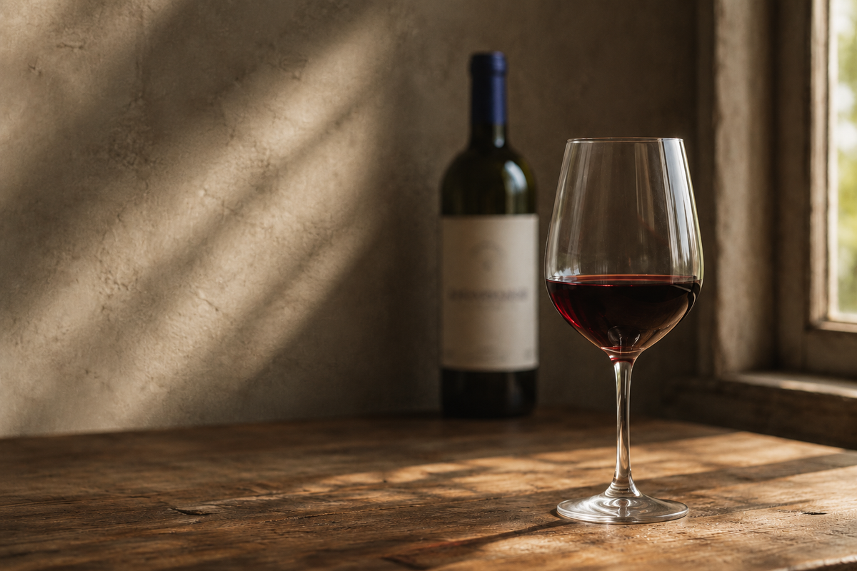Ein Glas Rotwein im Nachmittagslicht am Fenster, dahinter unscharf eine Flasche von LaSuite aux Conseillans.