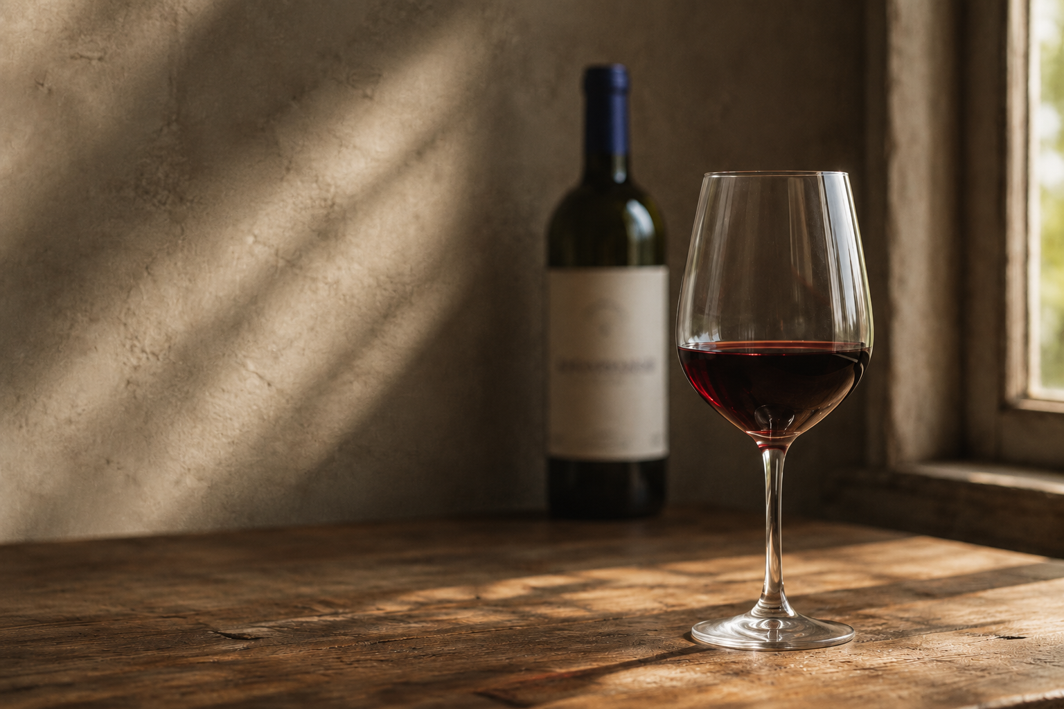 Ein Glas Rotwein im Nachmittagslicht am Fenster, dahinter unscharf eine Flasche von LaSuite aux Conseillans.