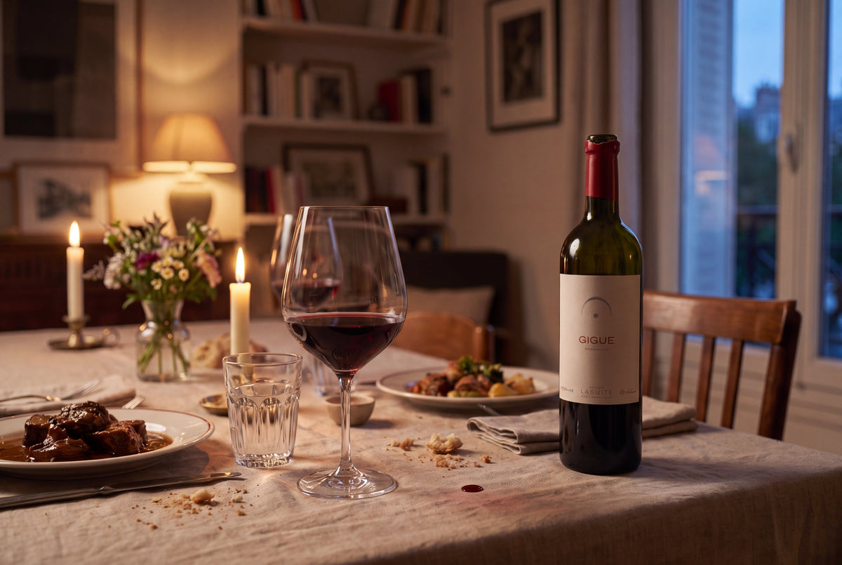 Ein gedeckter Abendtisch mit einem Glas Rotwein, Kerzen und einer geöffneten Flasche Gigue von LaSuite aux Conseillans.