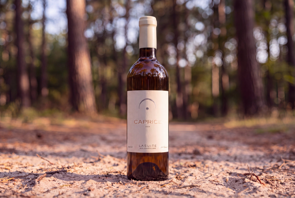 Eine Flasche Caprice mit dunkelbraunem Glas und cremeweißer Wachskapsel steht auf sandigem Boden am Rand eines Kiefernwaldes im warmen Abendlicht.