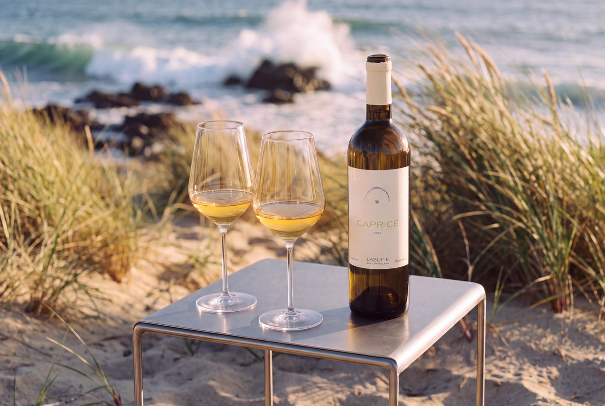 Eine Flasche Caprice und zwei Gläser Weißwein stehen auf einem Metalltisch an einer Atlantik-Düne, dahinter Dünengras, Felsen und das Meer im warmen Abendlicht.