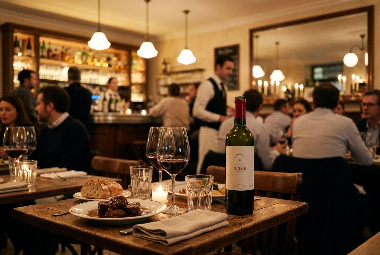 Ein lebendiges, elegantes Bistro am Abend: ein gedeckter Tisch mit Bœuf Bordelais, Rotwein- und Wassergläsern und einer geöffneten Flasche Gigue von LaSuite aux Conseillans; im Hintergrund unscharf belebte Tische.