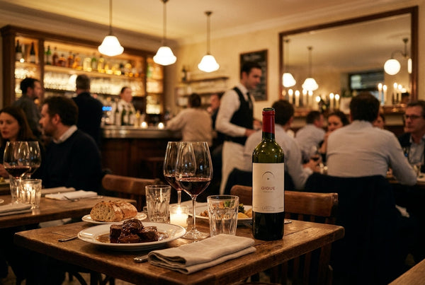 Ein lebendiges, elegantes Bistro am Abend: ein gedeckter Tisch mit Bœuf Bordelais, Rotwein- und Wassergläsern und einer geöffneten Flasche Gigue von LaSuite aux Conseillans; im Hintergrund unscharf belebte Tische.