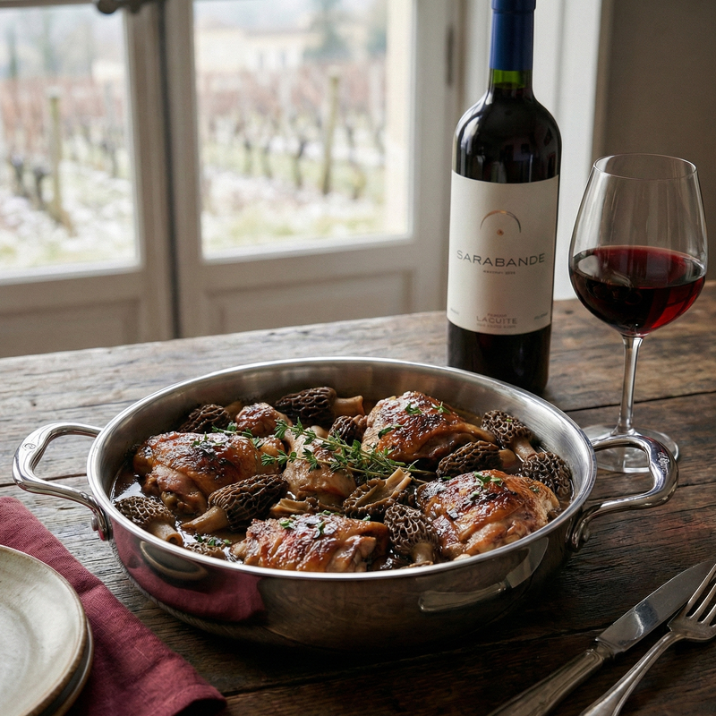 Coq au Vin – Sarabande & morels, jus assembled