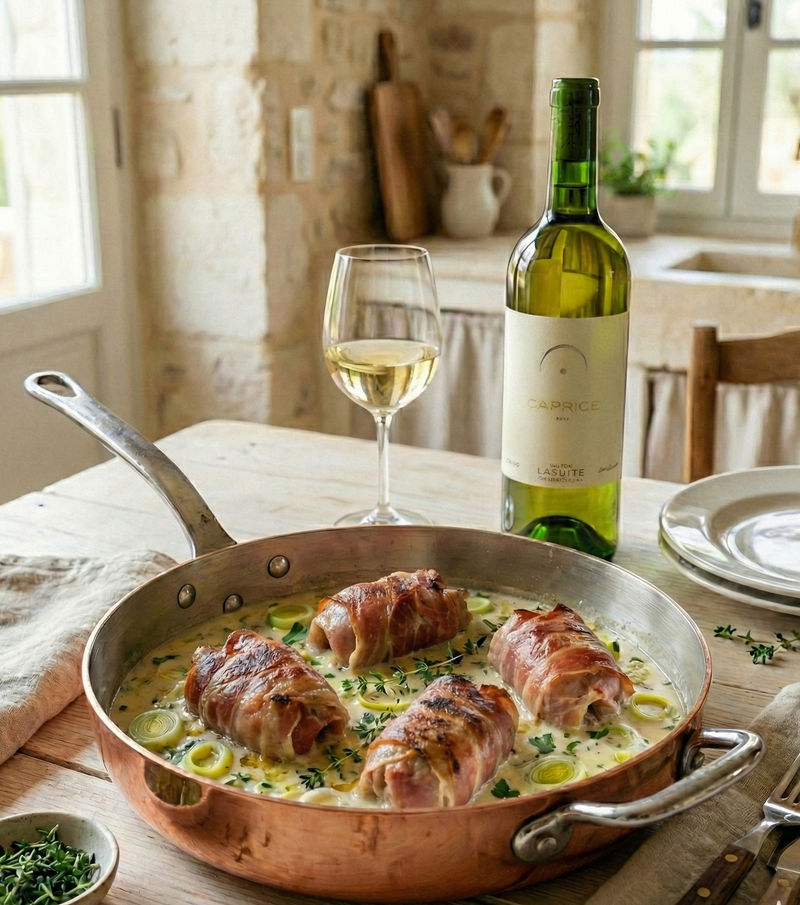 Cailles farcies – braisées doucement au vin blanc, aux poireaux et à la crème