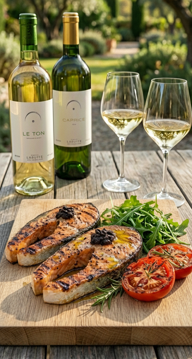 Grilled salmon cutlets with pastis and black olive tapenade