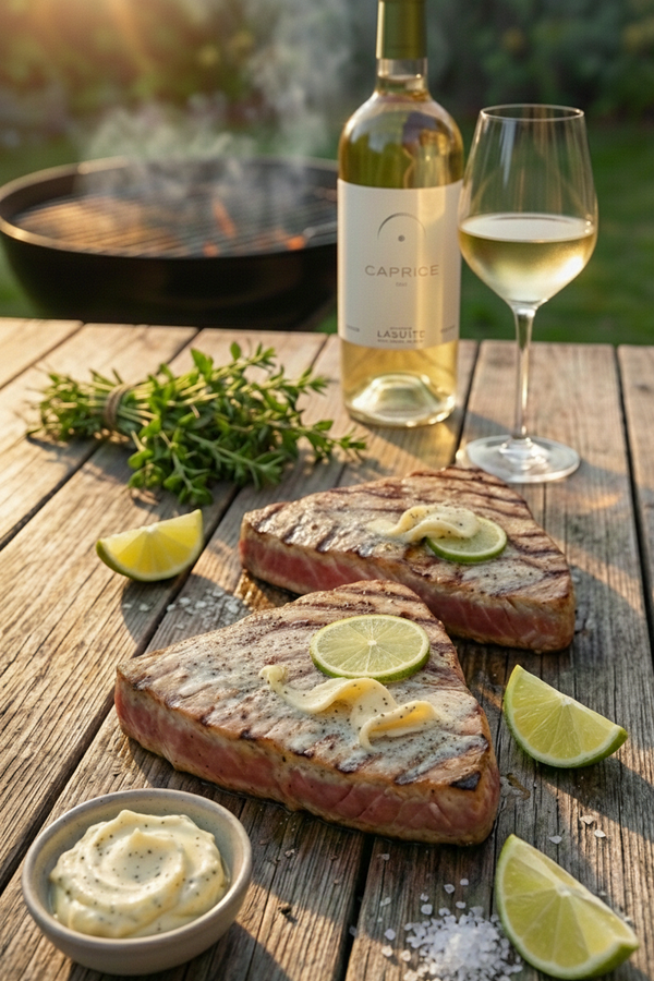 Grilled tuna steak with vanilla butter and lime