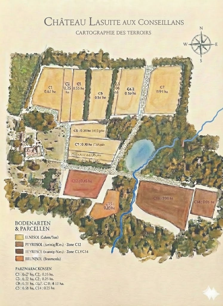 Schematische Karte der 16 Parzellen des Weinguts Château LaSuite aux Conseillans mit Farben je Terroir