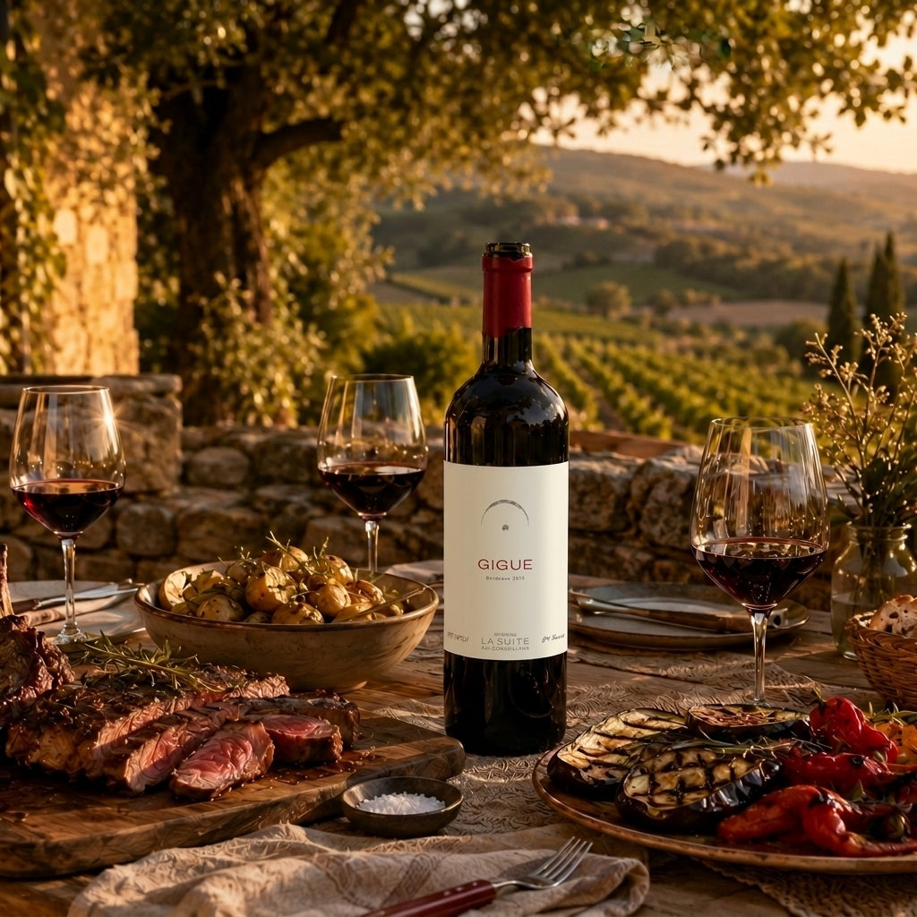 Flasche Gigue Bordeaux 2016 mit korrektem Etikett auf einer Entrecote-Terrasse im Abendlicht.